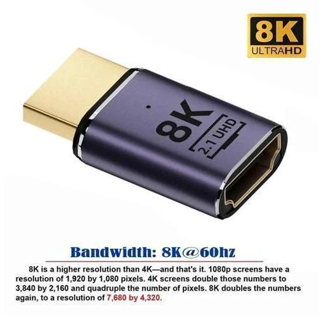 Alt view image 5 of 7 - HDMI 2.1 Male to Female Gold-Plated Extension Adapter, Supports 8K@60Hz UHD for HDTV Monitors