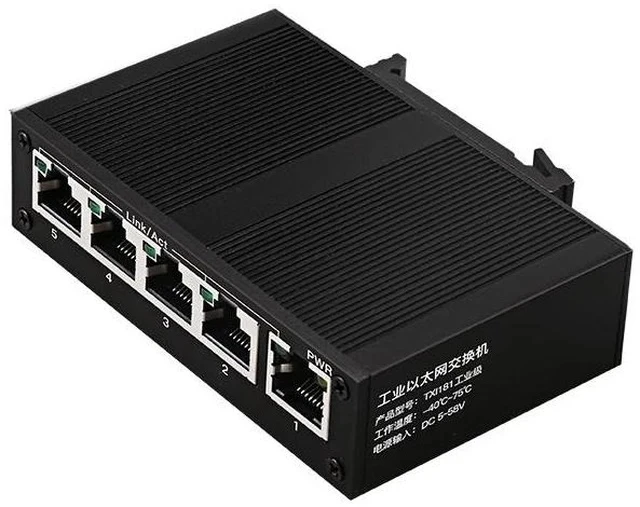 Main image of 5 Port Industrial Grade Ethernet Switch 100Mbps Unmanaged DIN Rail Network Hub, Metal Housing Wide Voltage DC 5-58V Lightning Protection Temperature Resistant for Factory Automation Security Camera Sy