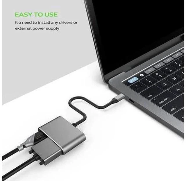 Alt view image 3 of 4 - 2-in-1 USB-C to HDMI VGA Adapter 4K, Thunderbolt 3 Compatible, Gray for MacBook Pro, Chromebook, HP Laptops