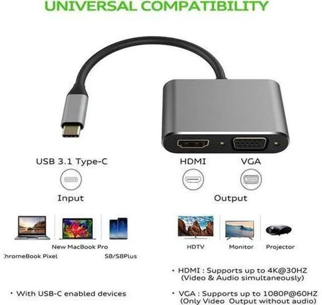 Alt view image 4 of 4 - 2-in-1 USB-C to HDMI VGA Adapter 4K, Thunderbolt 3 Compatible, Gray for MacBook Pro, Chromebook, HP Laptops