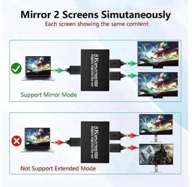 Alt view image 2 of 7 - HDMI 2.1 1 in 2 Out Powered Splitter with 3.5mm Audio Extractor, 48Gbps 8K@60Hz 4K@120Hz Mirror Dual Monitor Splitter, EDID HDCP2.3 Dolby Vision HDR10+ 3D for PS5 SkyQ Xbox NVIDIA AMD Switch