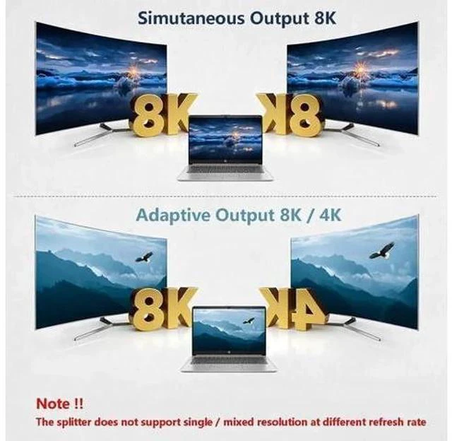 Alt view image 4 of 7 - HDMI 2.1 1 in 2 Out Powered Splitter with 3.5mm Audio Extractor, 48Gbps 8K@60Hz 4K@120Hz Mirror Dual Monitor Splitter, EDID HDCP2.3 Dolby Vision HDR10+ 3D for PS5 SkyQ Xbox NVIDIA AMD Switch