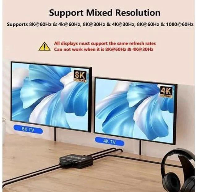 Alt view image 6 of 7 - HDMI 2.1 1 in 2 Out Powered Splitter with 3.5mm Audio Extractor, 48Gbps 8K@60Hz 4K@120Hz Mirror Dual Monitor Splitter, EDID HDCP2.3 Dolby Vision HDR10+ 3D for PS5 SkyQ Xbox NVIDIA AMD Switch