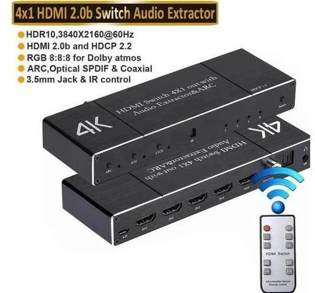 Main image of 4 in 1 Out HDMI 2.0 Switch with Audio Extractor & IR Remote, Model OZQ7, 4K@60Hz HDMI Selector Support Optical Toslink, Coaxial & 3.5mm AUX Audio, ARC, 3D, 1080P@120Hz HDCP2.2 for PS4, PC, DVD Player,
