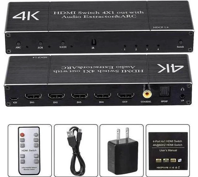 Alt view image 5 of 7 - 4 in 1 Out 4K@60Hz HDMI Switch with Audio Extractor & IR Remote, 18Gbps HDMI 2.0b Audio Separator Box with Optical SPDIF, Coaxial & 3.5mm AUX Output, Supports HDR10, ARC, HDCP2.2