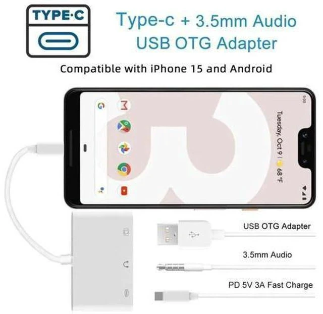 Alt view image 6 of 7 - 3-in-1 USB C to 3.5mm Audio AUX + USB 2.0 OTG Adapter, PD 15W Charging Splitter for Phone, Tablet & Laptop