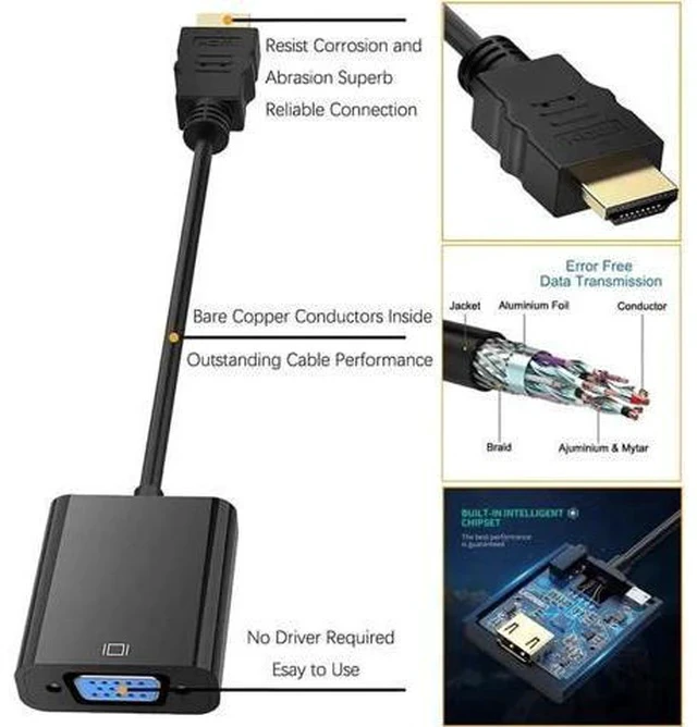 Alt view image 3 of 7 - Active HDMI to VGA Adapter, 1080P Male to Female Converter, Black, Compatible with PC, Laptop, Xbox, Monitor, Projector, Chromebook