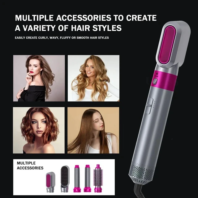 Alt view image 3 of 7 - 5-in-1 Multi-Functional Hot Air Styler High-Power Hair Dryer Brush, Straightening & Curling 2-in-1, Negative Ion Technology, 3 Heat Settings, for Home Use