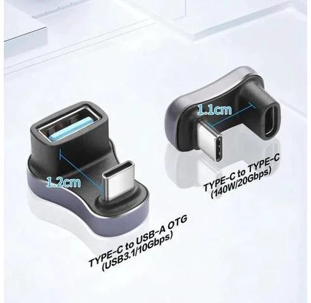 Alt view image 3 of 6 - 2 Pack 180 Degree U Shape USB C Adapter, USB A to C & USB C to C Elbow Connector 140W PD Charging 10/20Gbps Data Transfer Compatible with Laptop Phone Tablet