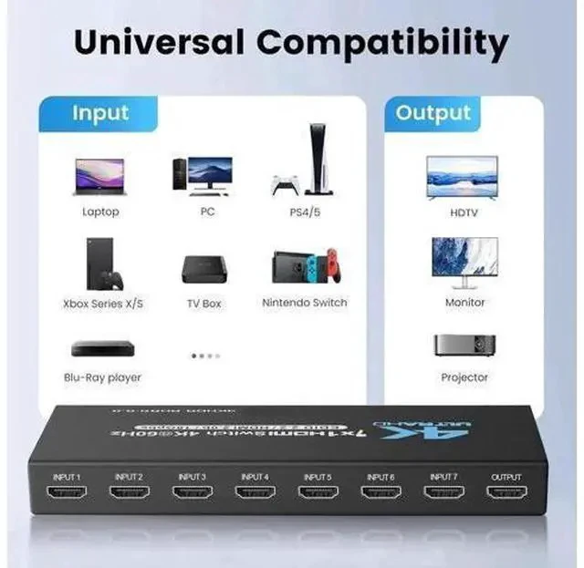 Alt view image 2 of 4 - 7 in 1 Out HDMI 2.0 Switch with IR Remote, 7-Port 4K@60Hz HDR10 HDMI Switcher Selector, Support HDCP 2.2, 3D, 1080P, Dolby & DTS Audio, Compatible with PS4, Xbox, Fire Stick, Blu-Ray Player, HDTV Proj