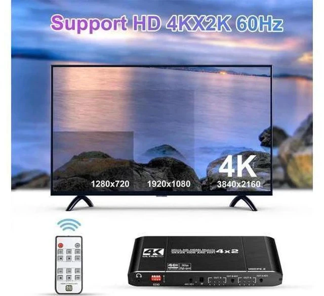 Alt view image 4 of 7 - 4X2 HDMI 2.0 Matrix Switch 4K@60Hz HDR HDCP2.2 with EDID & Audio Extractor, SPDIF Coax + 3.5mm Stereo ARC HIFI Video Splitter