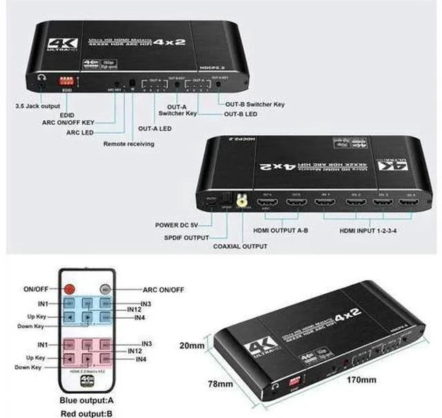 Alt view image 7 of 7 - 4X2 HDMI 2.0 Matrix Switch 4K@60Hz HDR HDCP2.2 with EDID & Audio Extractor, SPDIF Coax + 3.5mm Stereo ARC HIFI Video Splitter