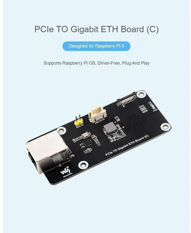 Alt view image 2 of 7 - PCIe to Gigabit ETH Board (C) for Raspberry Pi 5,10/100/1000Mbps Network Standard,Pice x1 GEN2 Interface,RJ45 Gigabit Ethernet Port