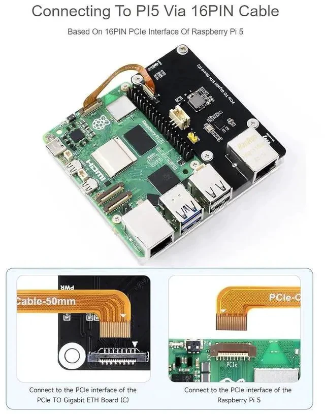 Alt view image 3 of 7 - PCIe to Gigabit ETH Board (C) for Raspberry Pi 5,10/100/1000Mbps Network Standard,Pice x1 GEN2 Interface,RJ45 Gigabit Ethernet Port