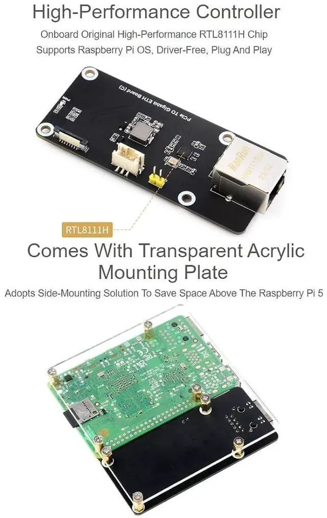 Alt view image 4 of 7 - PCIe to Gigabit ETH Board (C) for Raspberry Pi 5,10/100/1000Mbps Network Standard,Pice x1 GEN2 Interface,RJ45 Gigabit Ethernet Port