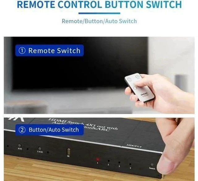 Alt view image 3 of 7 - 4 in 1 Out 4K@60Hz HDMI Switch with Audio Extractor & IR Remote, 18Gbps HDMI 2.0b Audio Separator Box with Optical SPDIF, Coaxial & 3.5mm AUX Output, Supports HDR10, ARC, HDCP2.2