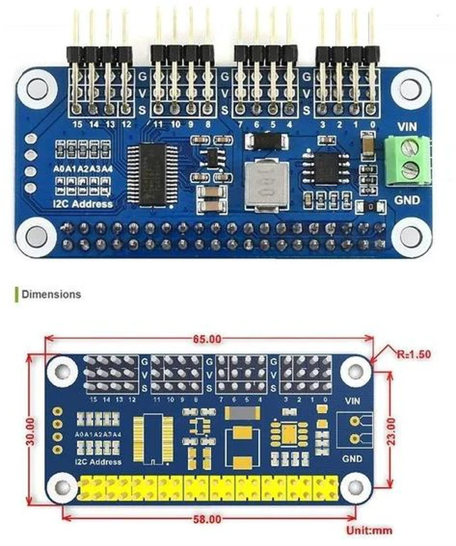 Alt view image 7 of 7 - 16 Channel 12-bit PWM Servo Driver HAT (B) Board PCA9685 Driver IIC Interface for Raspberry Pi 4/3B+/3B/Zero/Zero W/Zero WH and Jetson Nano