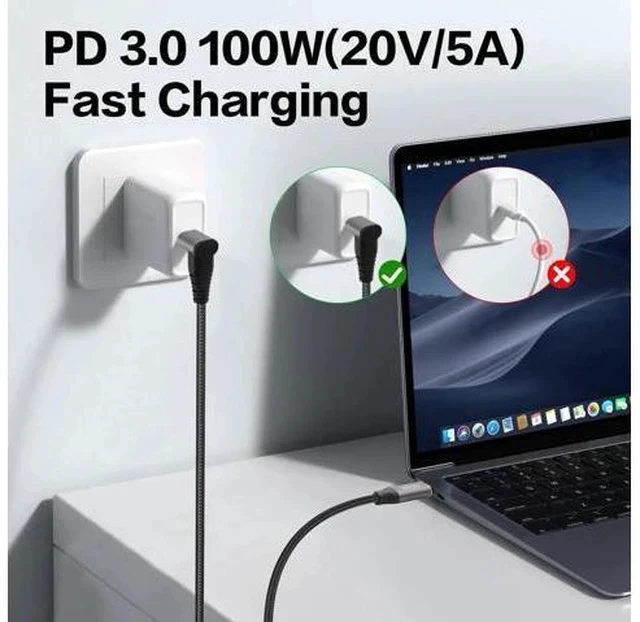 Alt view image 4 of 5 - 90 Degree Right Angle USB-C to USB-C Cable 1M/3.3FT, USB3.1 Gen2 10Gbps Data, 4K@60Hz Video & 100W PD Fast Charging Cord