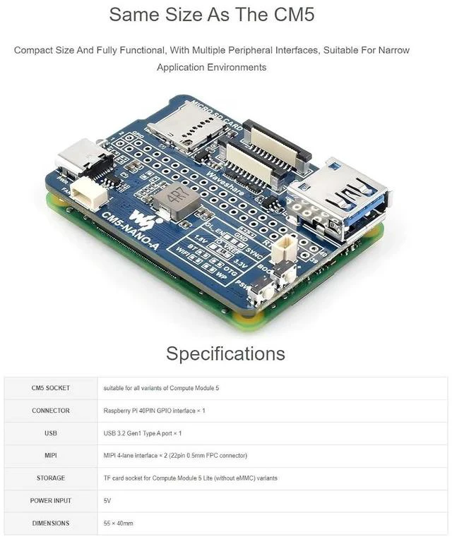Alt view image 5 of 7 - Nano Base Board (A) for Raspberry Pi Compute Module 5 Lite/eMMC,CM5 Mini Expansion Board,Integrate Multiple Peripheral Interfaces