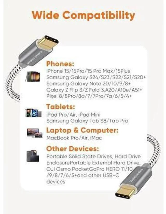 Alt view image 5 of 7 - 1FT 100W USB3.1 Gen2 USB-C to USB-C Cable | 10Gbps Data, 4K Video Output Fast Charging Cord for iPhone15/16, MacBook, SSD & Galaxy S24/S23