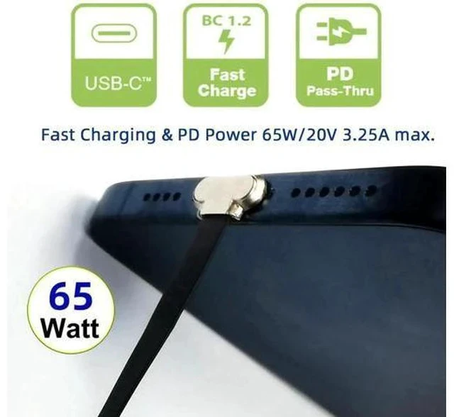 Alt view image 4 of 7 - 15cm Angled Ultra Slim Flat USB-C to USB-C Cable | USB2.0 65W PD Fast Charging Cord for Laptop, Tablet & Phone