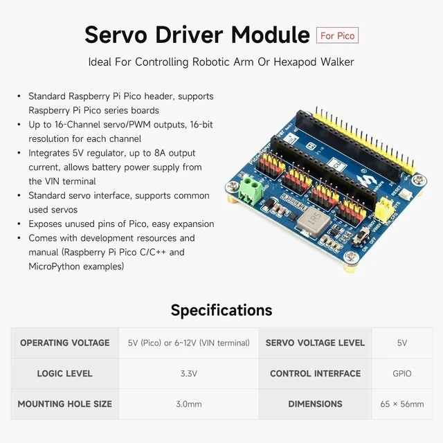 Alt view image 3 of 5 - Servo Driver Module for Raspberry Pi Pico Ideal for Controlling Robotic Arm or Hexapod Walker 16-Channel Outputs 16-Bit Resolution
