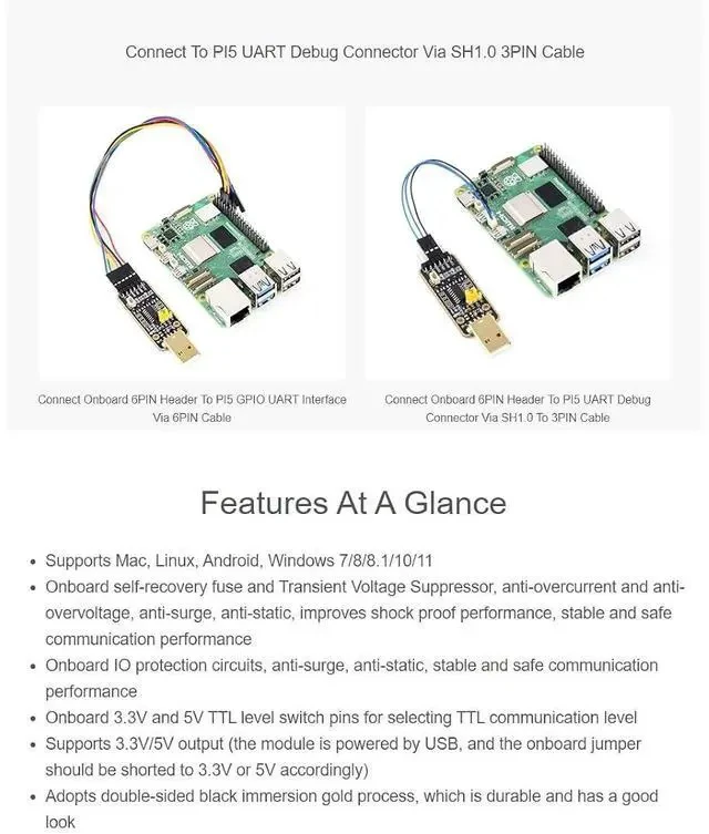 Alt view image 3 of 6 - for Raspberry Pi 5 USB to UART Debugger Module,6PIN/3PIN Cable Connecting with Raspberry Pi 5,High Baud Rate Transmission,Supports Mac, Linux, Android, Windows 7/8/8.1/10/11, Black