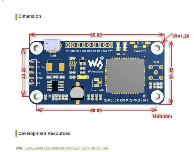 Alt view image 7 of 7 - GSM/GPRS/Bluetooth 3.0 HAT for Raspberry Pi 2B/3B/3B+/Zero/Zero W Based on SIM800C Support SMS Data Transfer ect
