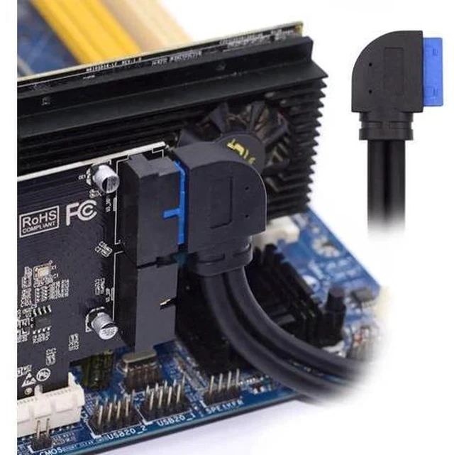 Alt view image 4 of 7 - 30cm 90 Degree Right Angled 2-Port USB 3.0 Female to 20Pin Male Cable, Screw Mount Front Panel Cable for Motherboard
