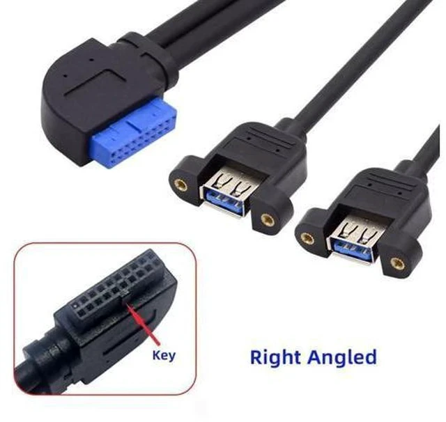 Alt view image 7 of 7 - 30cm 90 Degree Right Angled 2-Port USB 3.0 Female to 20Pin Male Cable, Screw Mount Front Panel Cable for Motherboard