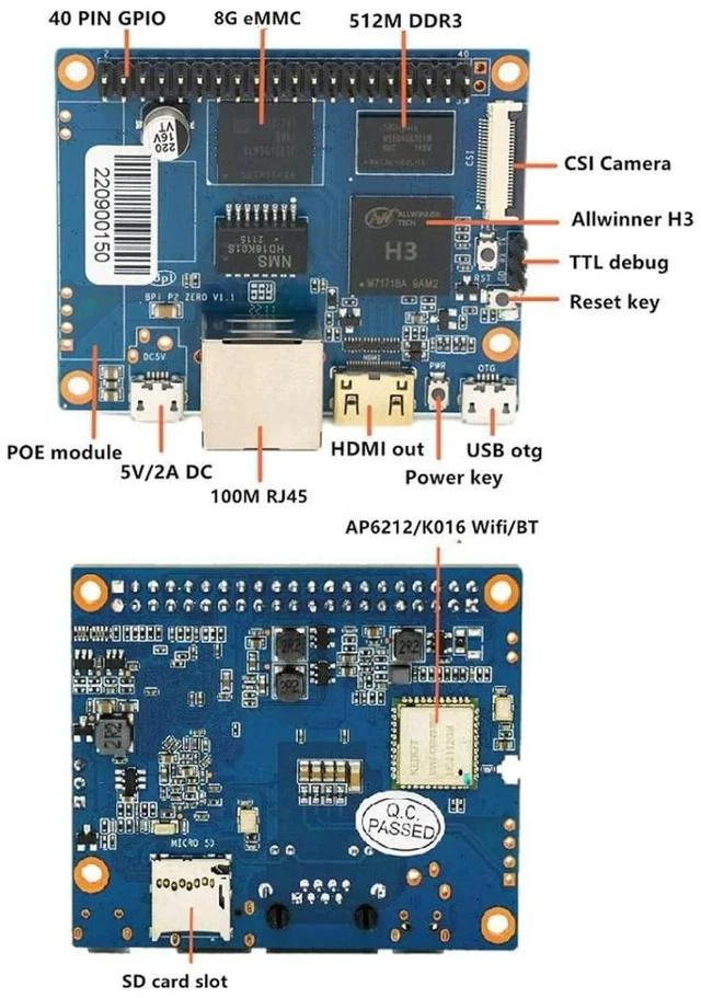 Alt view image 5 of 6 - Banana pi P2 Zero Open Source Singal Board Computer, 512MB SDRAM 8GB eMMC onboard WiFi & Bluetooth, Support POE, 100M LAN, Mini HDMI (Only Board)