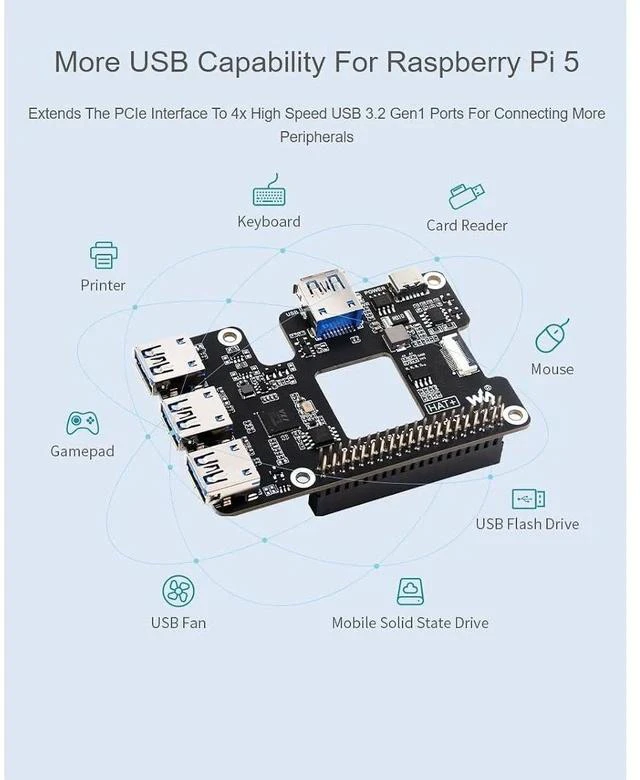 Alt view image 3 of 7 - PCIe to USB 3.2 Gen1 Expansion Card for Raspberry Pi 5, PCIe Interface to 4X High Speed USB 3.2 Gen1 Ports,Plug and Play