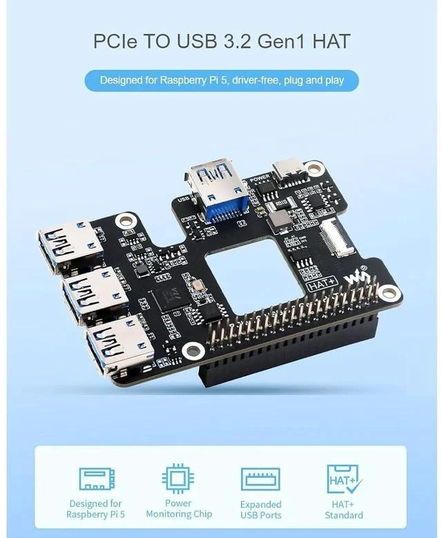 Alt view image 2 of 7 - PCIe to USB 3.2 Gen1 Expansion Card for Raspberry Pi 5, PCIe Interface to 4X High Speed USB 3.2 Gen1 Ports,Plug and Play