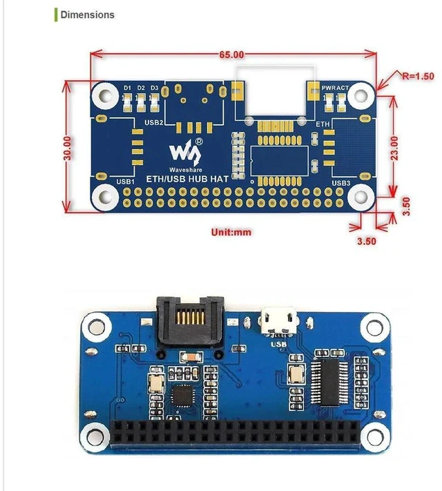 Alt view image 6 of 6 - Ethernet/USB HUB HAT Expansion Board for Raspberry Pi 4 B/3 B+/3 B/2 B/Zero/Zero W /2 W/Zero WH/2WH, with 1 RJ45 10/100M Ethernet Port, 3 USB Ports Compatible with USB2.0/1.1