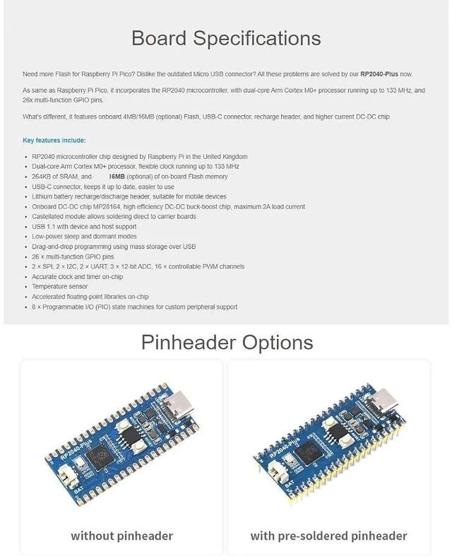 Alt view image 3 of 7 - RP2040-Plus Mini Board with Pre-Soldered Header Pico-Like MCU Board Based on Raspberry Pi RP2040 Chip,Dual-core Arm Cortex M0+ Processor,USB-C Connector,16MB Flash,Higher Current DC-DC Chip
