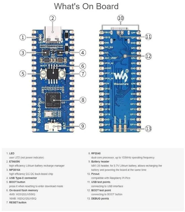Alt view image 4 of 7 - RP2040-Plus Mini Board with Pre-Soldered Header Pico-Like MCU Board Based on Raspberry Pi RP2040 Chip,Dual-core Arm Cortex M0+ Processor,USB-C Connector,16MB Flash,Higher Current DC-DC Chip