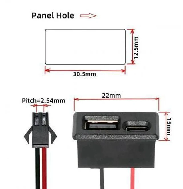 Alt view image 4 of 7 - Horizontal Latch Mount USB-A + USB-C Female to 2.54mm Pitch 2Pin Header DC 5V Power Pigtail Cable for DIY OEM Project
