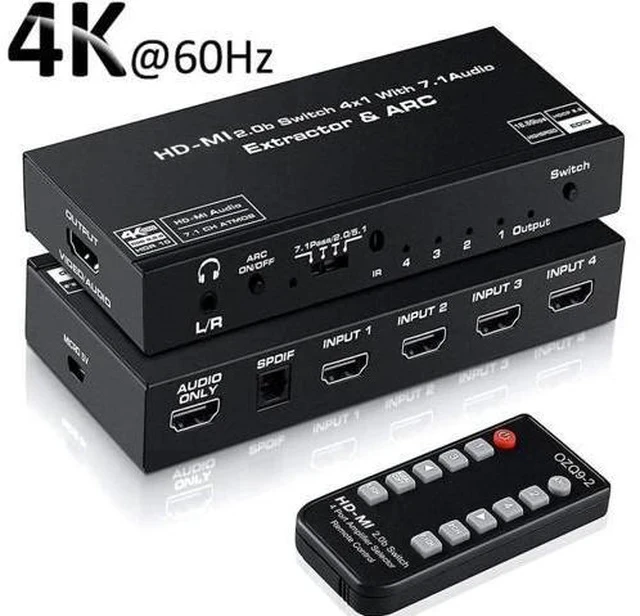 Main image of 4 Port HDMI 2.0b Switch 4K@60Hz Audio Extractor, 4 in 1 Out HDMI Splitter with Optical SPDIF & 3.5mm AUX Out, Remote Control, ARC, HDR, Dolby Vision, HDCP 2.2, 18Gbps Bandwidth