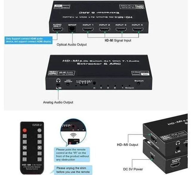 Alt view image 4 of 7 - 4 Port HDMI 2.0b Switch 4K@60Hz Audio Extractor, 4 in 1 Out HDMI Splitter with Optical SPDIF & 3.5mm AUX Out, Remote Control, ARC, HDR, Dolby Vision, HDCP 2.2, 18Gbps Bandwidth