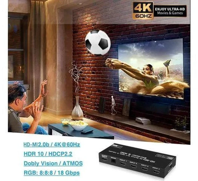 Alt view image 5 of 7 - 4 Port HDMI 2.0b Switch 4K@60Hz Audio Extractor, 4 in 1 Out HDMI Splitter with Optical SPDIF & 3.5mm AUX Out, Remote Control, ARC, HDR, Dolby Vision, HDCP 2.2, 18Gbps Bandwidth