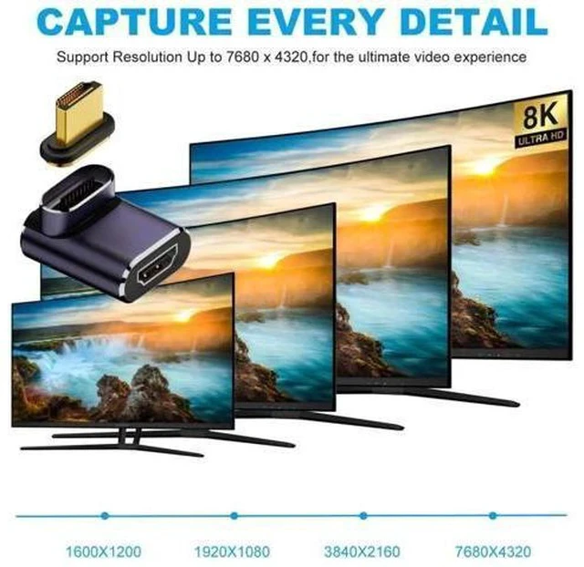 Alt view image 5 of 7 - Magnetic 90 Degree Up Angled HDMI 2.1 Adapter, 48Gbps High Speed Gold-Plated HDMI Male to Female Gender Changer Support 8K@60Hz, 4K@120Hz for TV, Monitor, Game Console