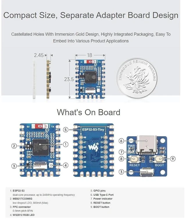 Alt view image 6 of 7 - ESP32-S3 Mini Development Board Based on ESP32-S3FH4R2 Dual-Core Processor,2.4GHz Wi-Fi and Bluetooth LE Support,240MHz Running Frequency