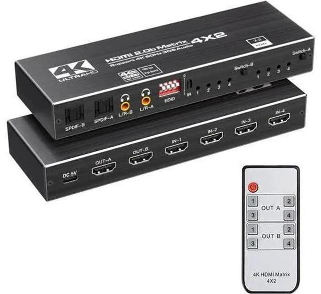 Main image of 4X2 HDMI 2.0 Matrix Switch with IR Remote, Model OZJ1-1, 4 In 2 Out 4K@60Hz Matrix Switcher with Audio Extractor, Dual SPDIF + Dual 3.5mm L/R Audio, Support EDID, HDCP2.2, HDR10 for 4K TV, Monitor, Ga