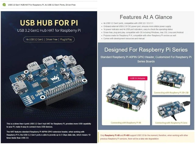 Alt view image 4 of 6 - USB 3.2 Gen1 HUB HAT Expansion Board for Raspberry Pi 4 B 3 B+ 3 B 2B Zero Zero 2 W Zero WH,with 4X USB 3.2 Gen1 Ports, Compatible with USB 3.0/2.0/1.1, Plug and Play