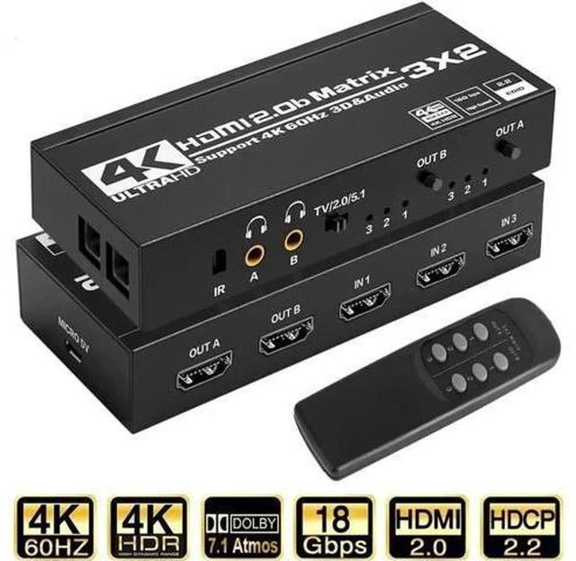 Main image of 3x2 HDMI Matrix Switch 4K@60Hz HDR10, HDMI 2.0 Video Switcher with Dual SPDIF & Dual 3.5mm L/R Audio Extractor, HDCP 2.2 EDID IR Remote Control Model OZJ5