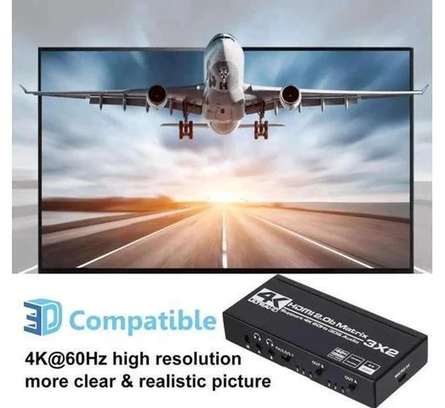 Alt view image 4 of 7 - 3x2 HDMI Matrix Switch 4K@60Hz HDR10, HDMI 2.0 Video Switcher with Dual SPDIF & Dual 3.5mm L/R Audio Extractor, HDCP 2.2 EDID IR Remote Control Model OZJ5