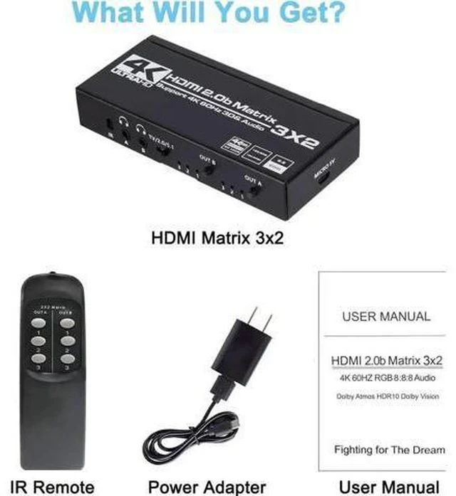 Alt view image 6 of 7 - 3x2 HDMI Matrix Switch 4K@60Hz HDR10, HDMI 2.0 Video Switcher with Dual SPDIF & Dual 3.5mm L/R Audio Extractor, HDCP 2.2 EDID IR Remote Control Model OZJ5