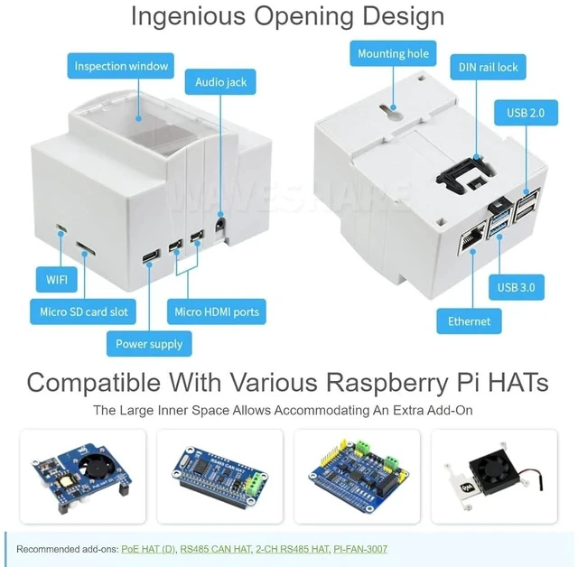 Alt view image 5 of 7 - Raspberry Pi 4 Case, DIN Rail ABS Case, Clear Top Window, Large Inner Space, Compatible with Various Raspberry Pi HATs