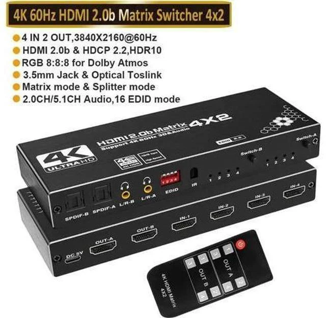 Main image of 4 In 2 Out HDMI Matrix Switch Model OZJ1 with IR Remote & EDID Management, 4K@60Hz 3D 1080P Video Splitter, Dual SPDIF Optical + Dual 3.5mm L/R Stereo Audio Extractor