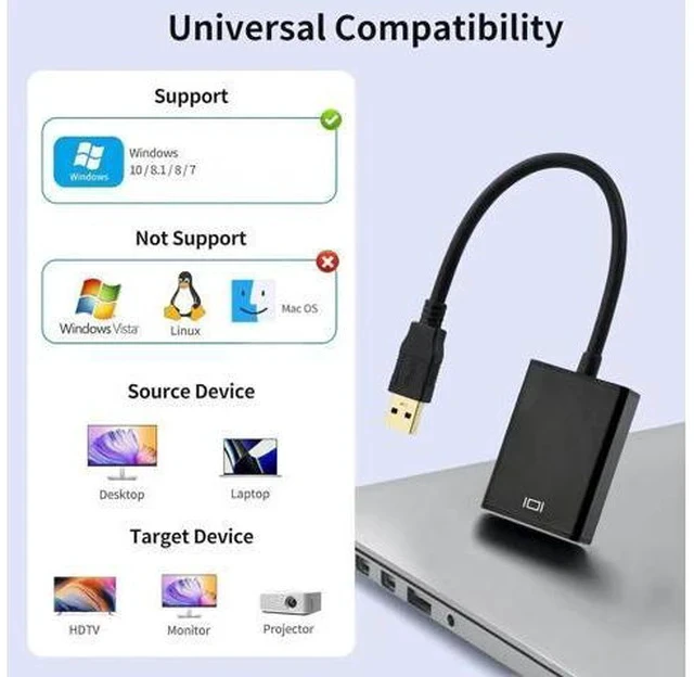 Alt view image 7 of 7 - USB 3.0/2.0 to HDMI Adapter, 1080P Full HD Video Audio Converter, External Video Display Adapter for Desktop PC Monitor TV, Compatible with Windows XP/7/8/8.1/10